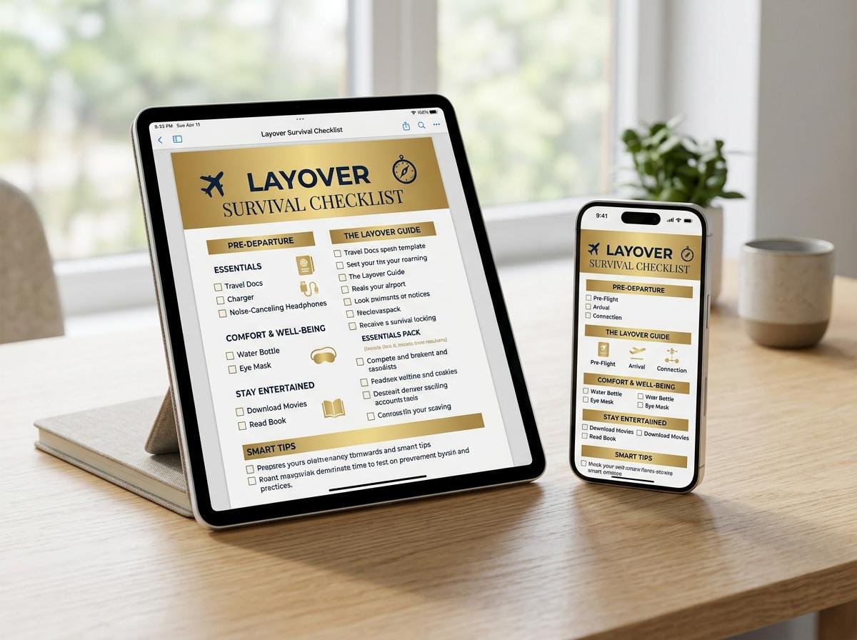 Layover Survival Checklist mockup on tablet and phone
